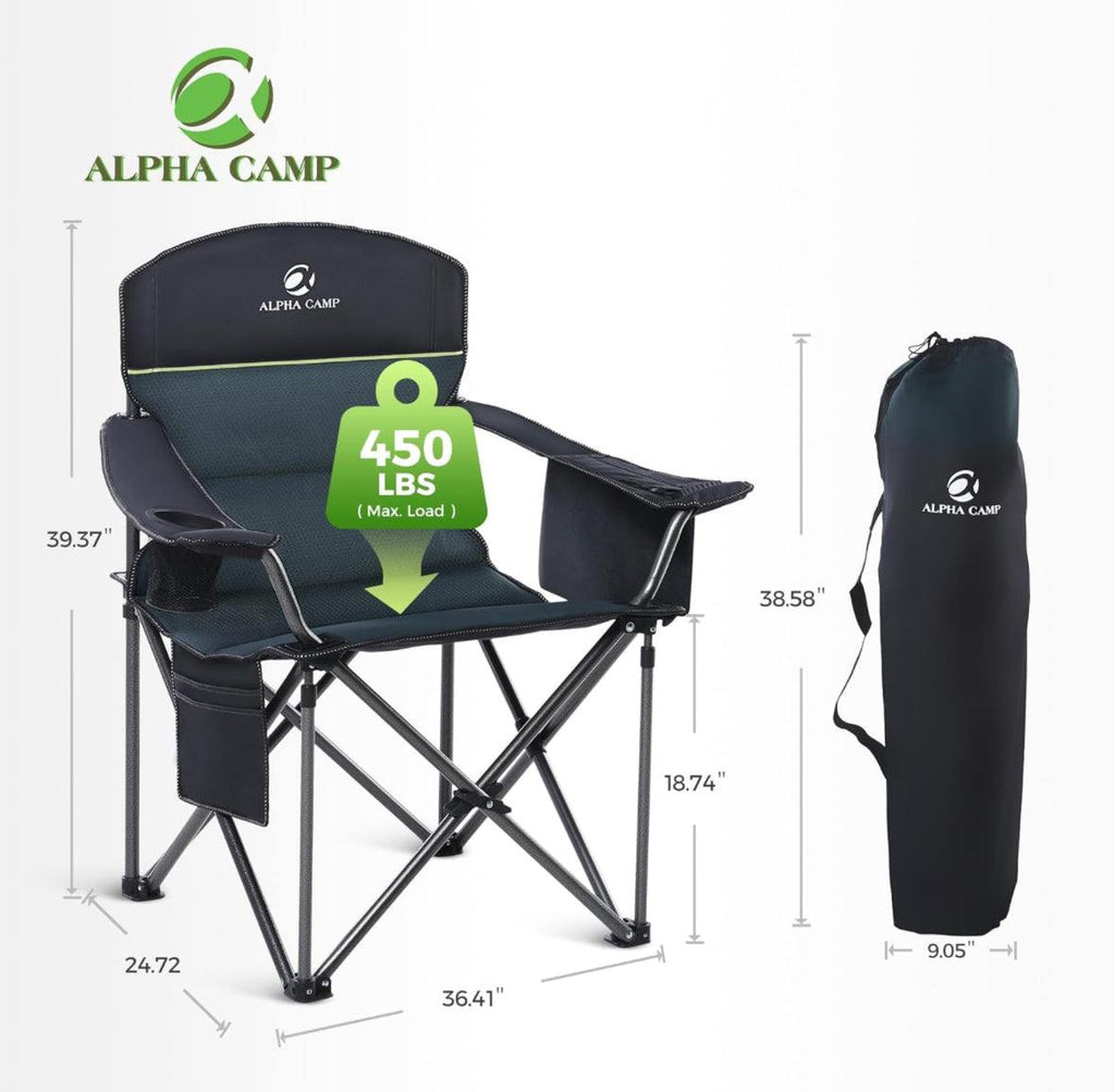 ALPHA CAMP Oversized Heavy Duty Lawn Chair with Cooler Bag Support 450 LBS Steel Frame Camping Folding Collapsible Padded Quad Lumbar Back Arm Chair f