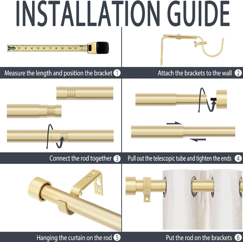 Zeerobee Curtain Rods for Windows 48 to 84, 1 Inch Gold Curtain Rod Set, Heavy Duty Drapery Rods with Adjustable Curtain Rods, Outdoor Modern Curtain