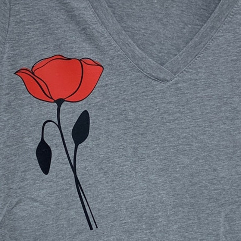 New Hand Printed Womens Small Red Poppy Flower Short Sleeve Tee Shirt