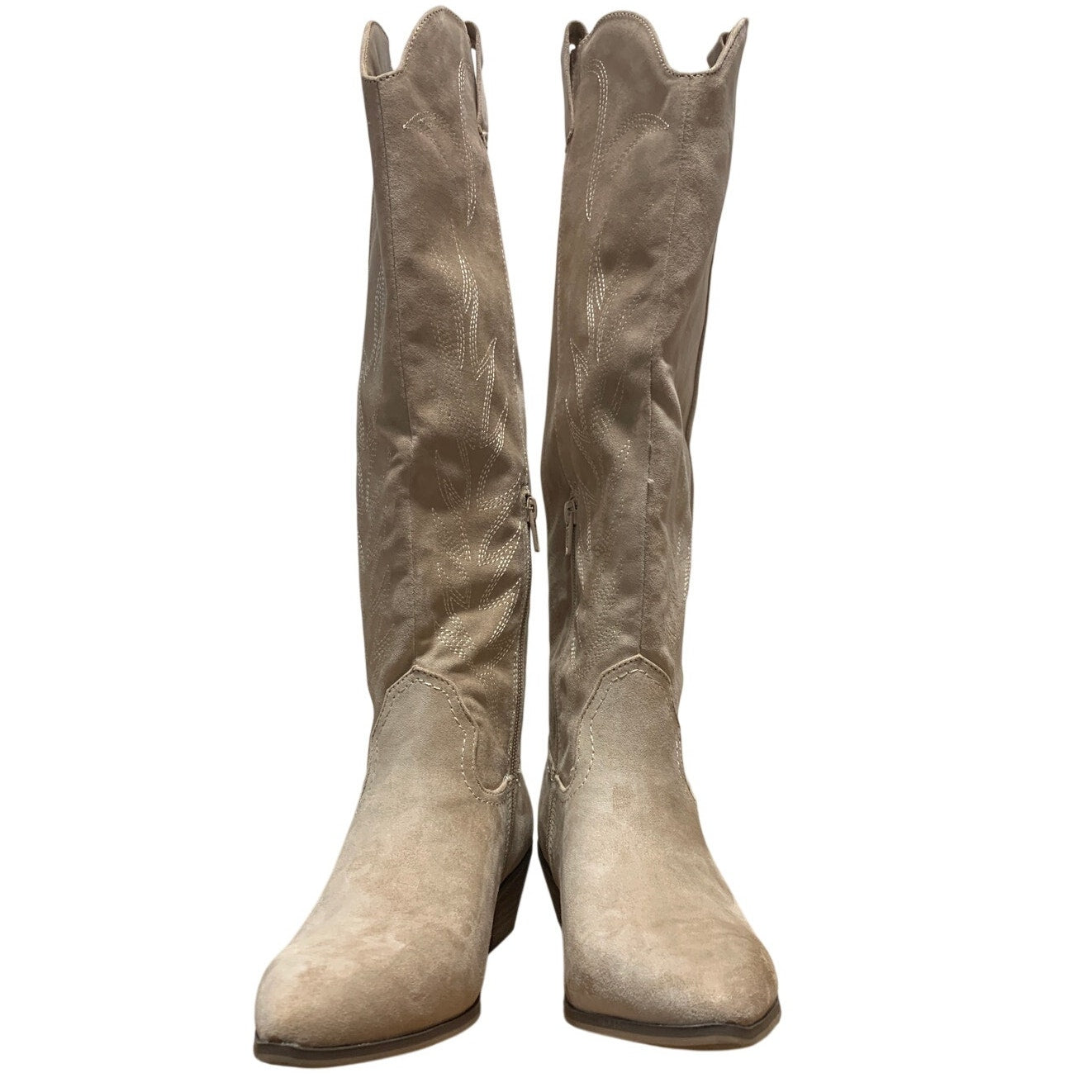 New Women Size 8.5 Tan Faux Suede Embroidered 2" Block Heel Cowboy Cowgirl Boots