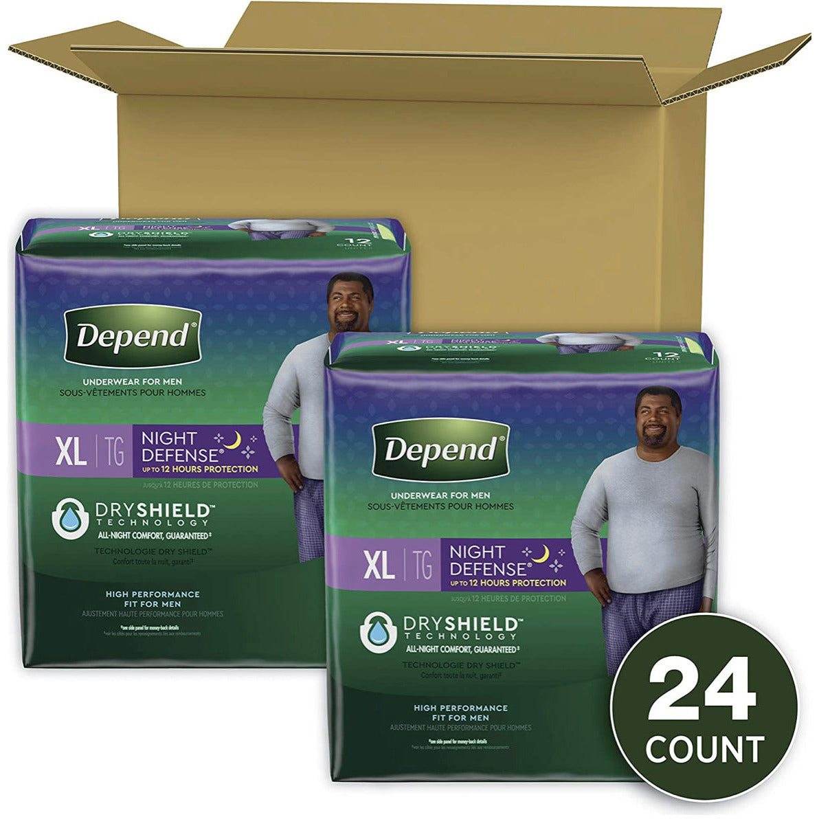 Depend Night Defense Adult Incontinence Underwear for Men, Overnight, Disposable, X-Large, 24 Count (2 Packs of 12) (Packaging May Vary)