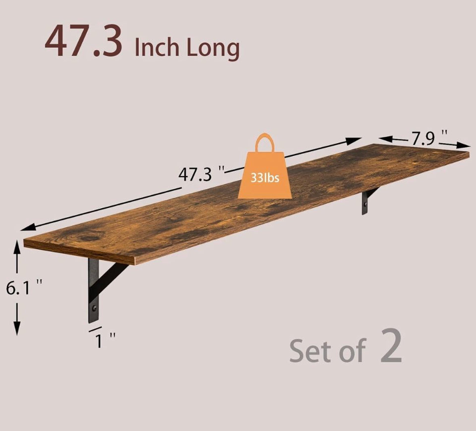 Open box DINZI LVJ Long Wall Shelves, 47.3lnch Wall Mounted Shelves Set of 2, Extra Large Wall Storage Ledges with Sturdy Metal Brackets for Living Ro