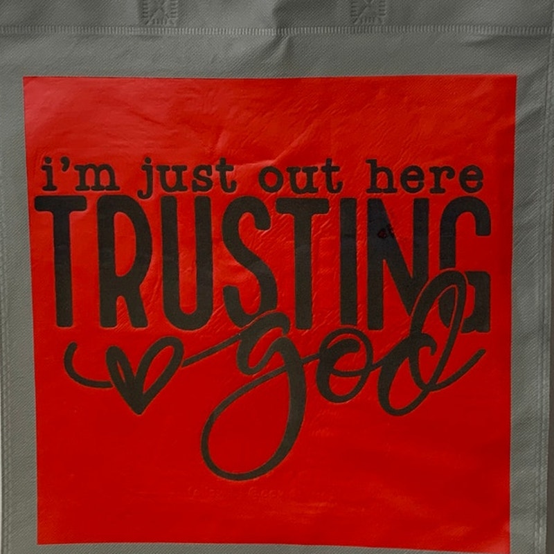 New Upcycled Hand Printed I'm Just Out Here Trusting God Shopper Tote Bag