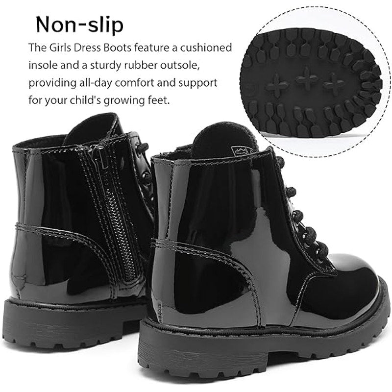 Girls Size 10 Black Patent Leather Lace Up Size Zip Ankle Combat Dressy Boots