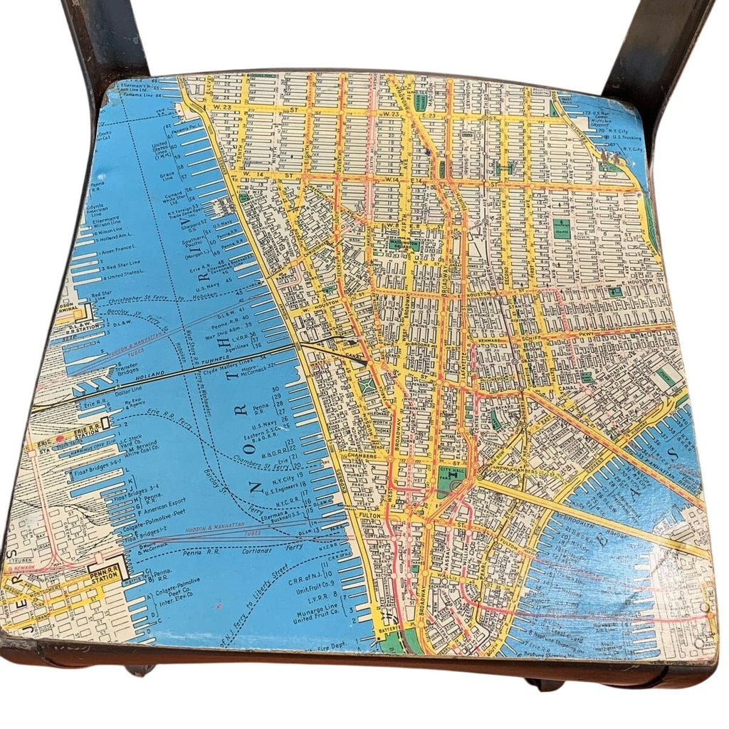 Vintage Small Metal & Wood Child Desk Chair Decoupaged w 1952 Manhattan Map