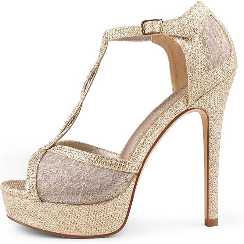 New Merumote Womens Size 7.5 Gold Glitter Lace Peep Toe 5" Platform Heel Shoes
