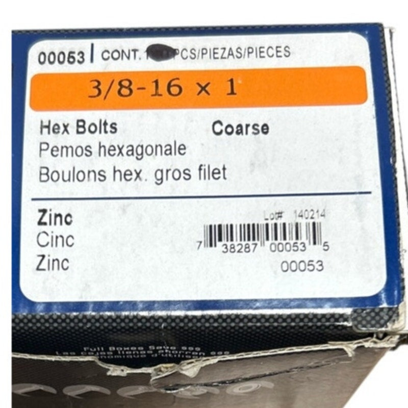 93 New In Box Midwest 00053 Hex Bolt 3/8-16 x 1 in Zinc Plated Grade 2 Bolts