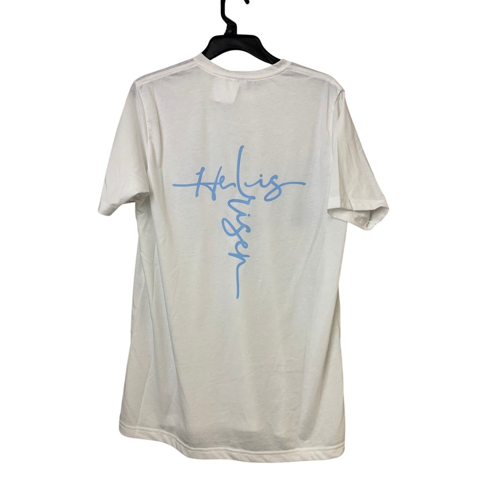 New Hand Printed Womens Large He Is Risen Faith Cross Short Sleeve Tee Shirt
