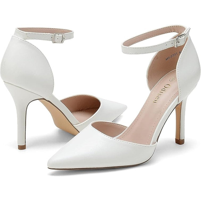 Odisen Womens Size 8 White 3.5" Stiletto Heel Closed Point Toe Ankle Strap Shoes