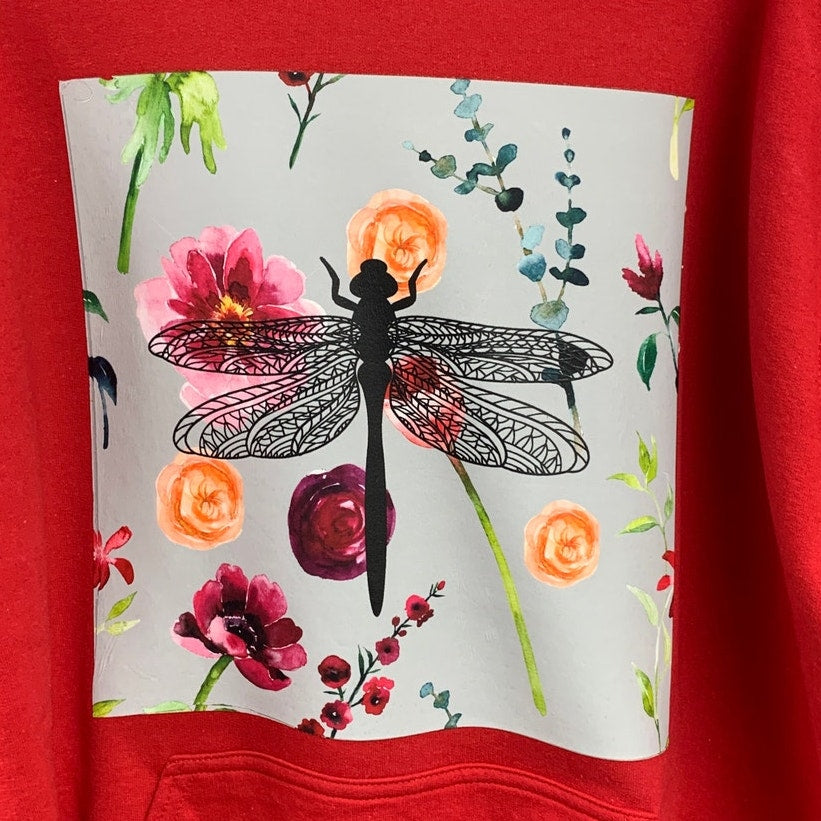 New Hand Printed Womens Large Dragonfly Floral Flower Sweatshirt Hoodie