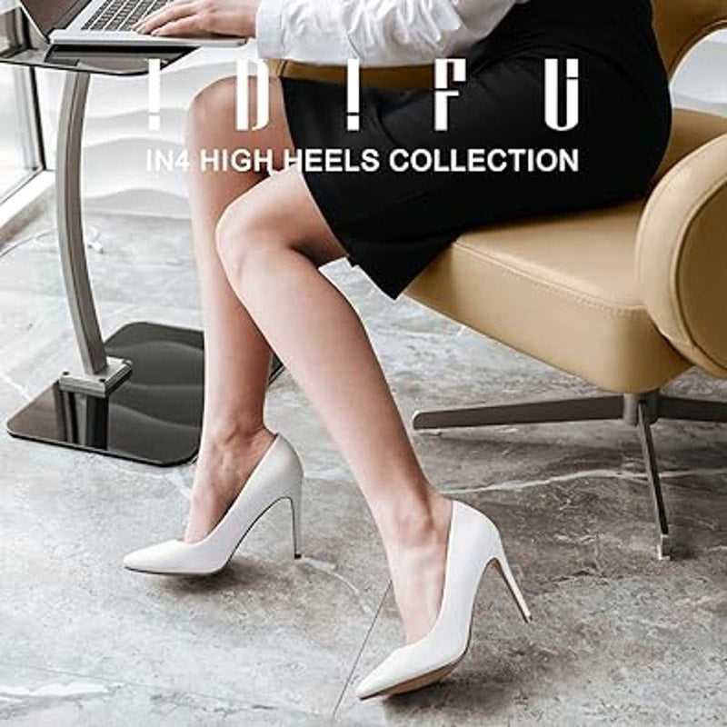 Idifu Womens 7 White 4" Stiletto Heel Pumps Slide On Closed Pointed Toe Shoes