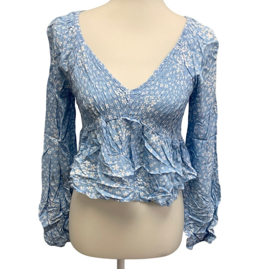 LA Hearts Womens Medium Ruffled Long Sleeve Cropped Floral Smocked Blouse Shirt
