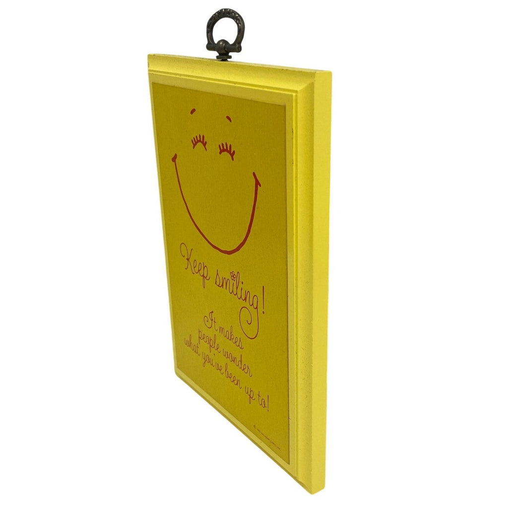 Vintage 1982 Hallmark Keep Smiling It Makes People Wonder Yellow Wood Plaque