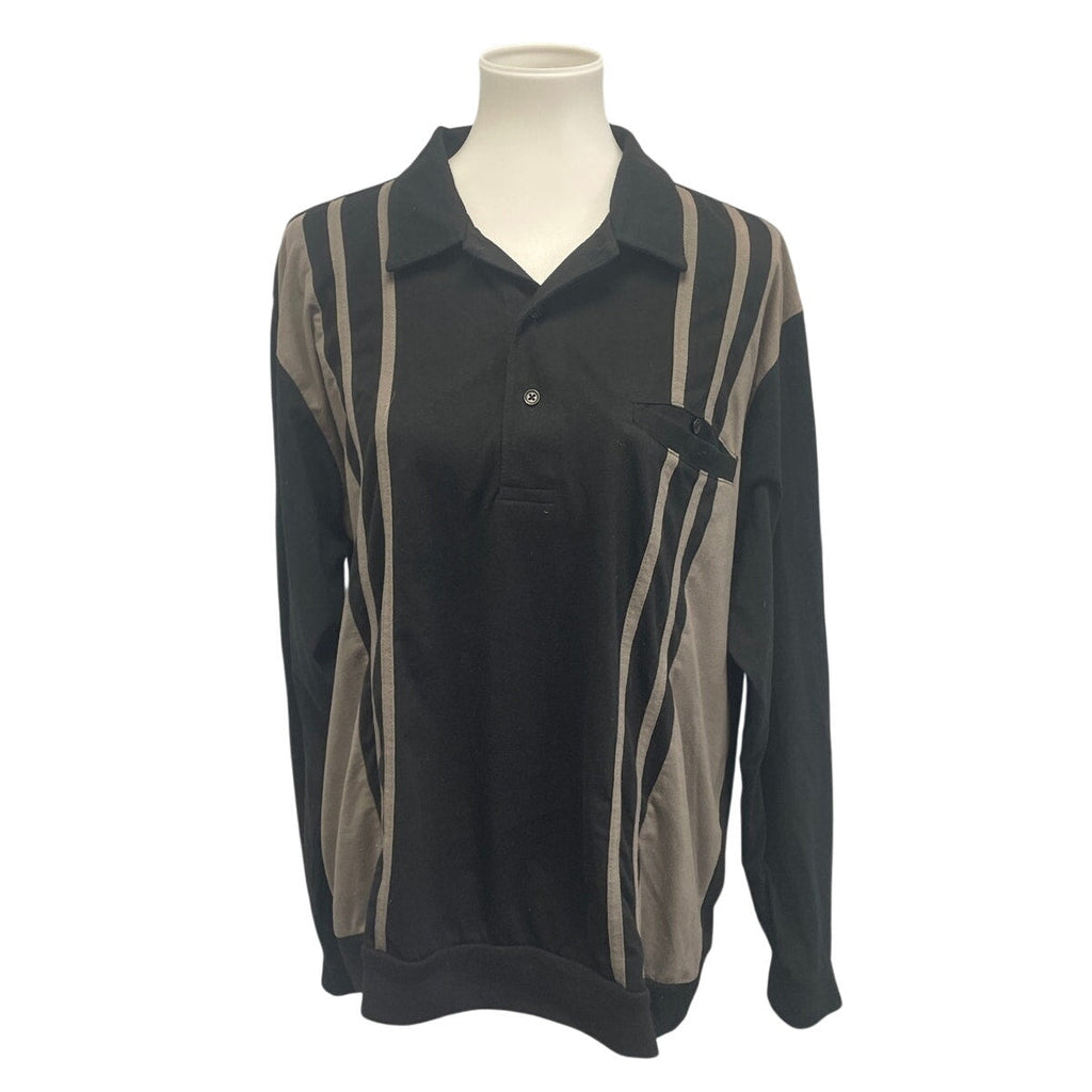 Casual Joe Mens XXL Black Gray PolyCotton Striped Long Sleeve Collar Polo Shirt