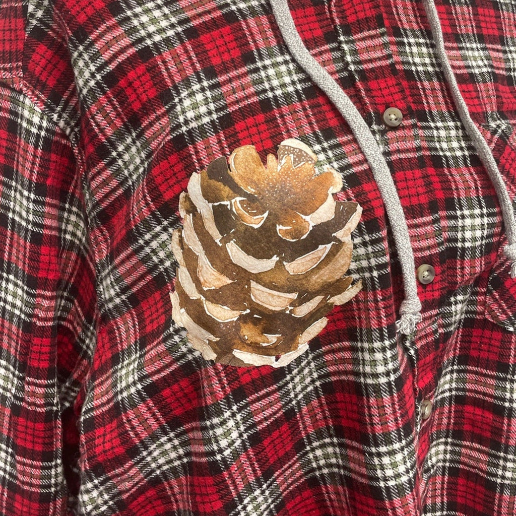 New Hand Printed Womens XXL Rustic Pine Cone Long Sleeve Plaid Flannel Hoodie