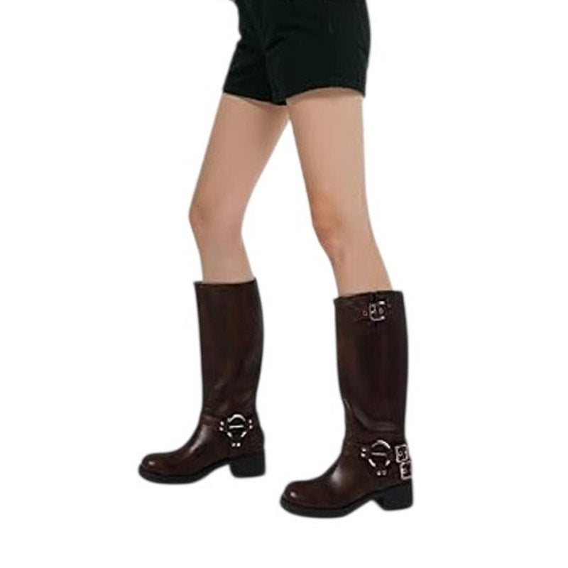 Aminugal Womens Size 7.5 Brown Faux Leather Knee High Square Toe Pull On Boots