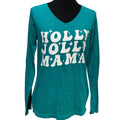 Upcycled Hand Printed Womens XL Christmas Holly Jolly Mama Long Sleeve Tee