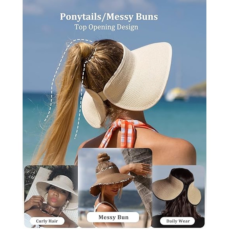 Furtalk Womens Adjustable Hook Loop Fastener Wide Brim Beach Visor Sun Hat