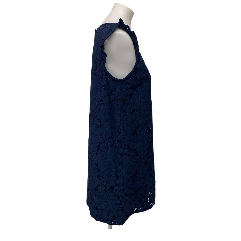 Monteau Womens Medium Navy Blue Floral Ruffled Sleeveless Lace Sheath Dress