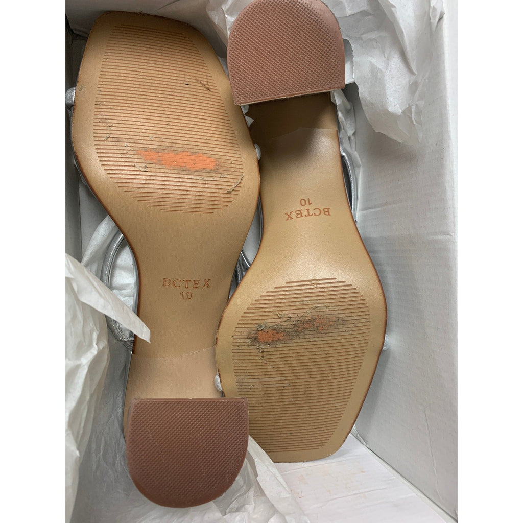 BCTEX COLL Womens Size 10 Silver Chunky 3" Heel Slip On Sandals 2-Strap Shoes