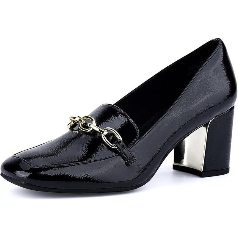 New Jenn Ardor Womens Size 8.5 Black Faux Leather Gold Chain 3" Block Heel Shoes
