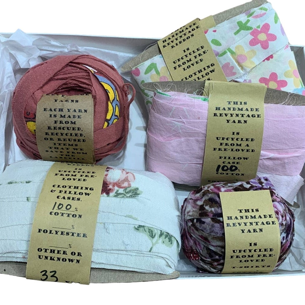 100 yds Handmade Upcycled Floral T-Shirt Fabric Ribbon Yarn Sampler Pack Pinks