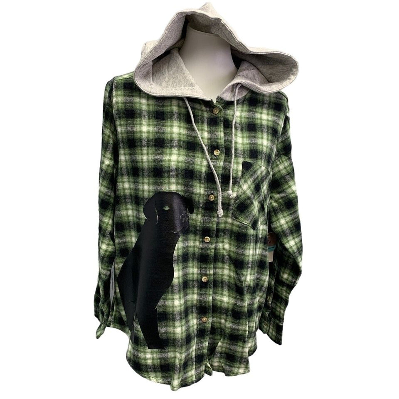 New Hand Printed Womens 3XL Black Lab Dog Long Sleeve Plaid Flannel Hoodie