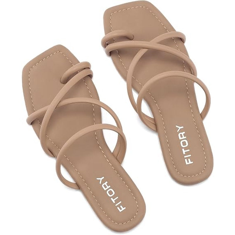 Fitory Womens Size 9 Tan Faux Leather Toe Ring Slide On Cross Strap Sandal Shoes