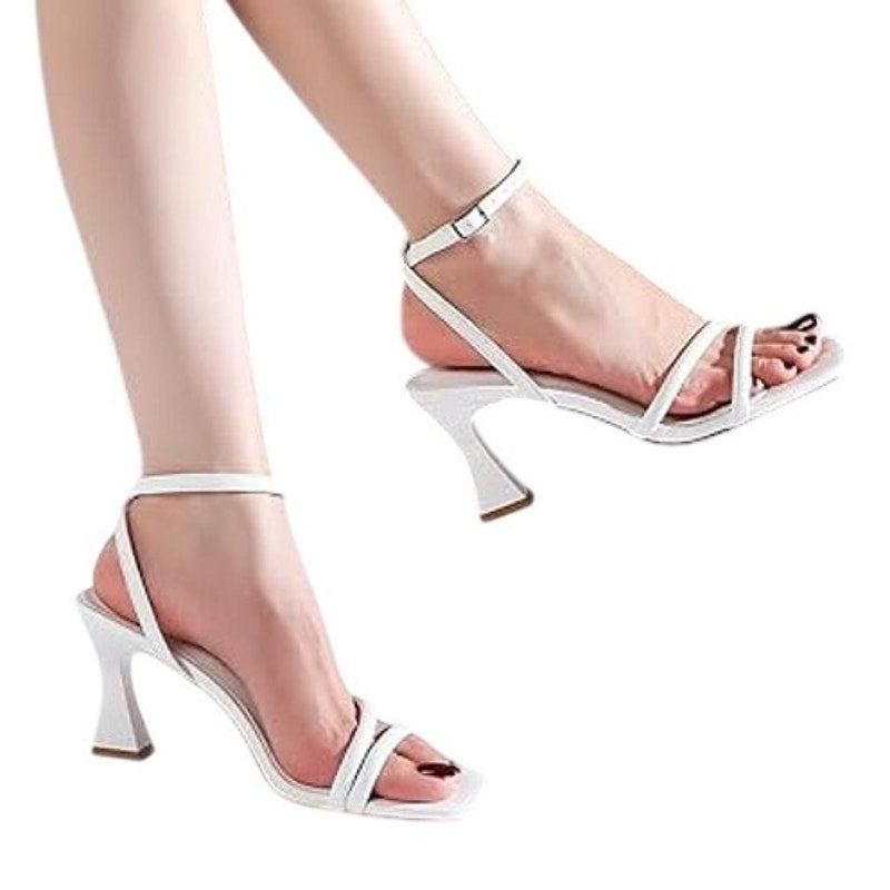 Goderci Womens Size 8.5 White 3" Heel Open Square Toe Ankle Strap Shoes