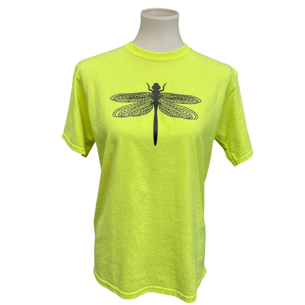Hand Printed Upcycled Kids XXL Dragonfly Neon Yellow Short Sleeve Tee Shirt