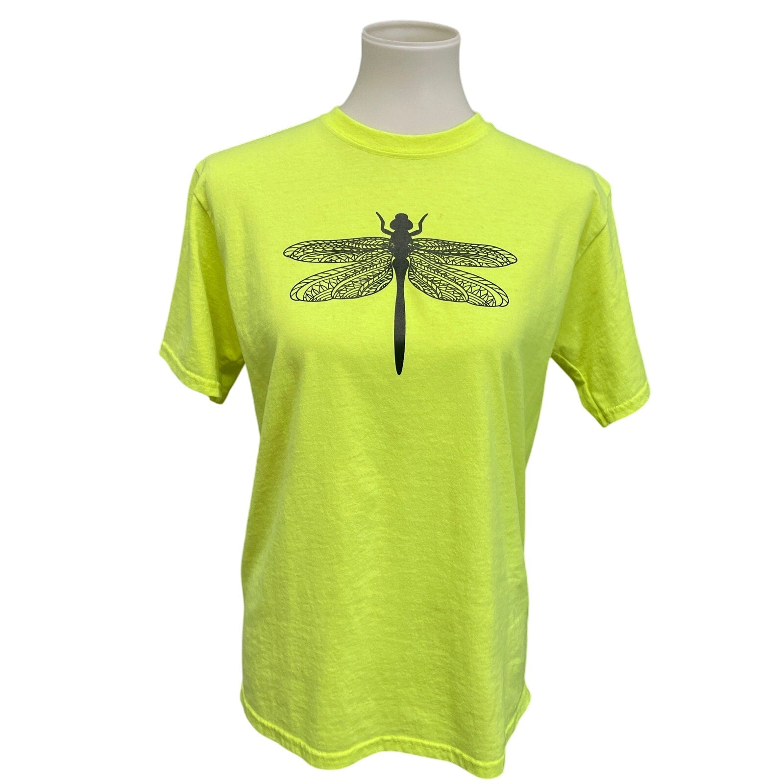 Hand Printed Upcycled Kids XXL Dragonfly Neon Yellow Short Sleeve Tee Shirt