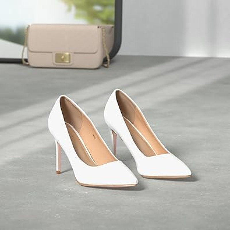 Idifu Womens 7 White 4" Stiletto Heel Pumps Slide On Closed Pointed Toe Shoes