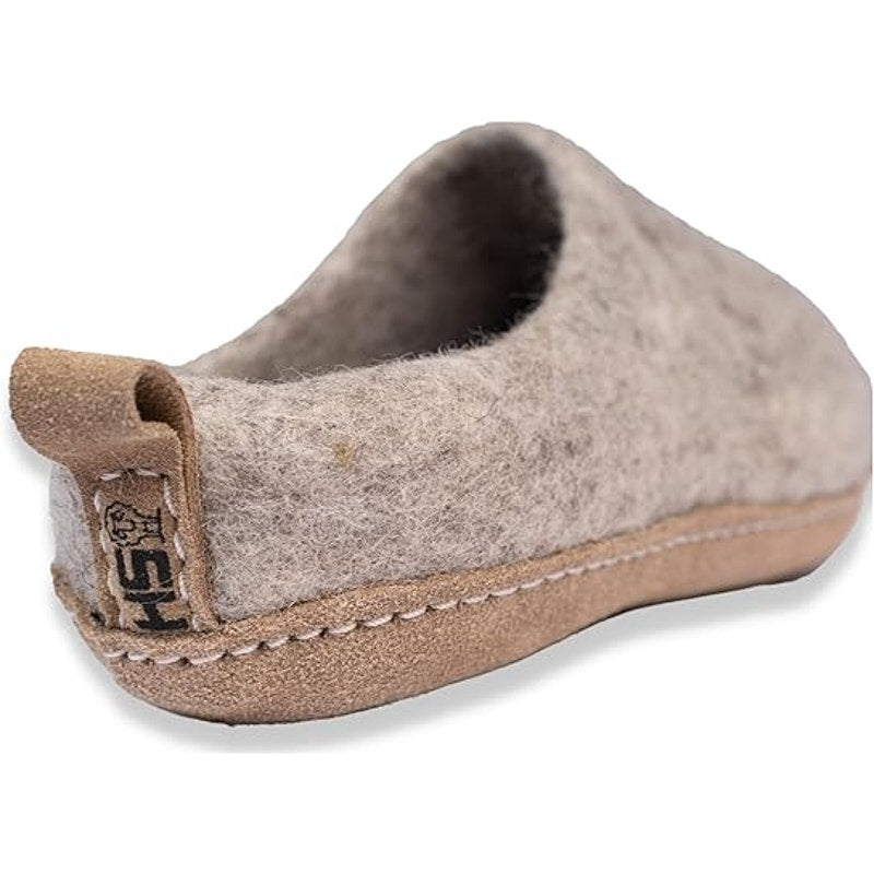HS Womens 8.5 Gray Natural Organic Wool, Genuine Leather Sole Handmade Slippers