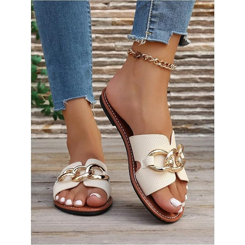 Verdusa Womens Size 9 Beige Slip On Slides Flat Sandal Chain Faux Leather Shoes