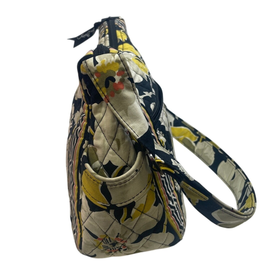 Vera Bradley Black Tan Yellow Magnolia Flower Adjustable Strap Center Zip Purse