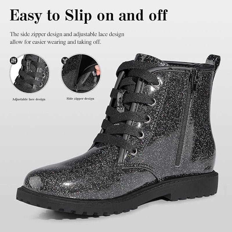 Fitory Girls Size 11 Black Sparkle Glitter Lace Up  Side ZIp Ankle Combat Boots