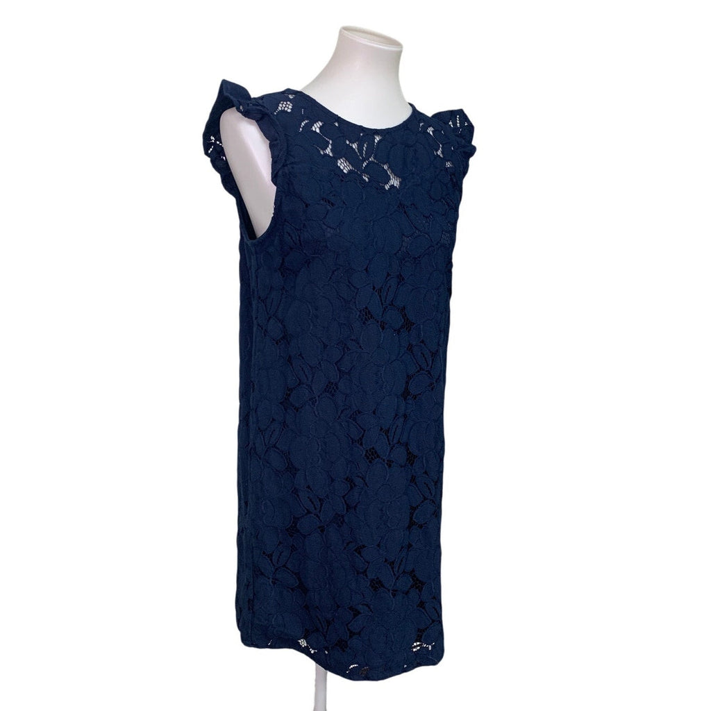 Monteau Womens Medium Navy Blue Floral Ruffled Sleeveless Lace Sheath Dress