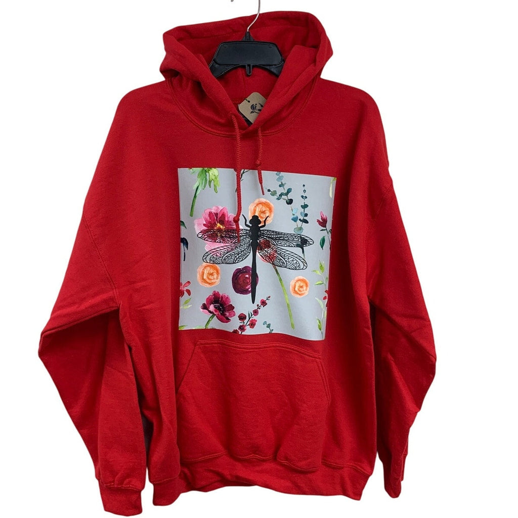 New Hand Printed Womens Large Dragonfly Floral Flower Sweatshirt Hoodie