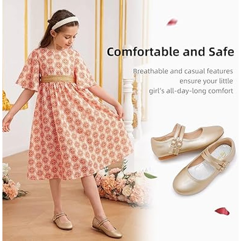 Parrosoo Toddler Girls Size 8 Matte Gold Flats Latch & Hook Close Dress Shoes