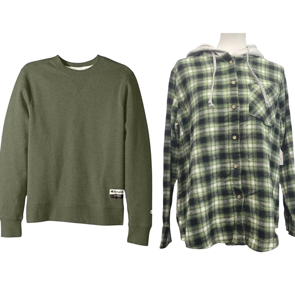 New Champion Unisex Medium Green Pullover Sweatshirt Bonus Plaid Flannel Hoodie