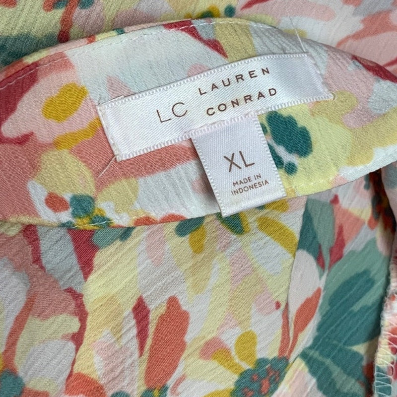 LC Lauren Conrad Womens XL Pastel Floral Cottage Core Tied Sleeve Button Up Top