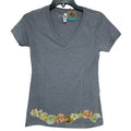 New Hand Printed Small Heathered Gray Floral Wrap Around Short Sleeve Tee Shirt
