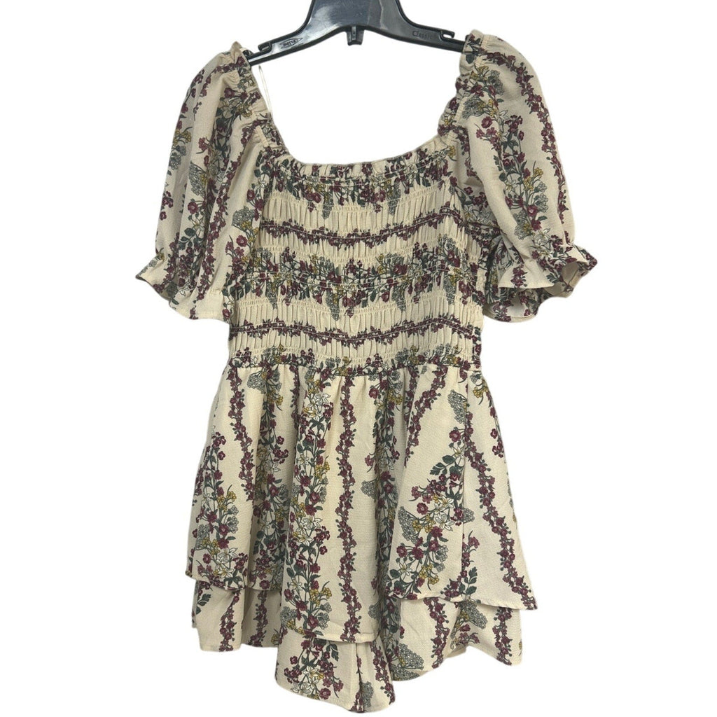 New Francescas Womens Small Boho Cream Pink Floral Ruched Flowy Cottage Top