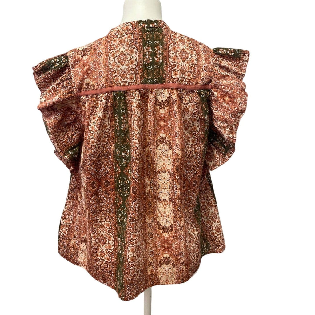 Good Hart Womens Medium Ruffled Cap Sleeve Boho Cotton Metallic V-Neck Blouse