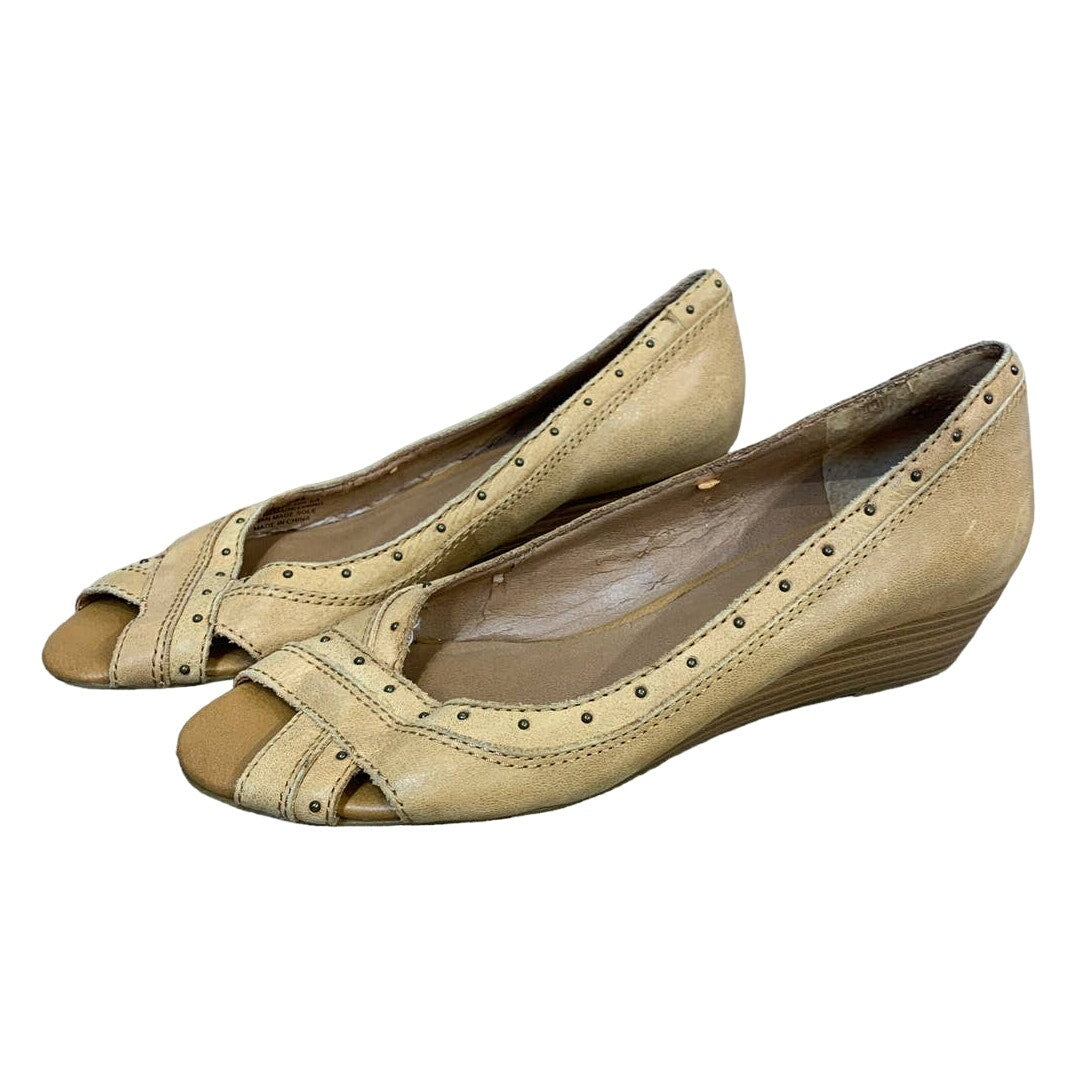 Lucky Brand Size 9.5 Leather Upper Tan Peep Toe Wedge Heel Slip On Shoes