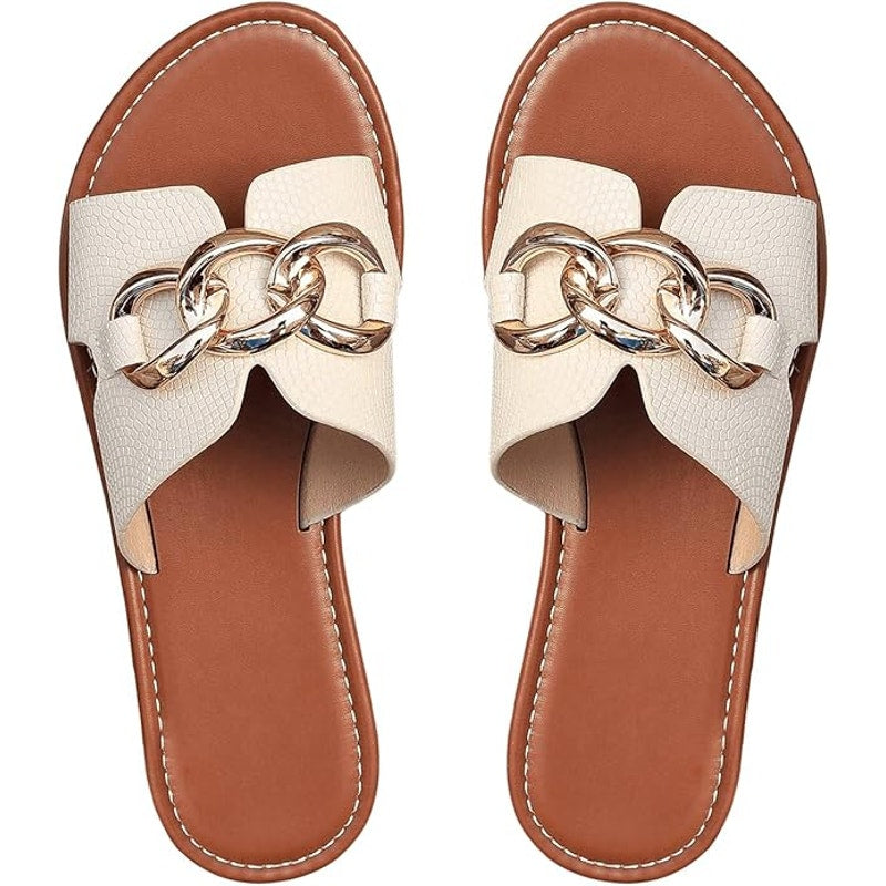 Verdusa Womens Size 9 Beige Slip On Slides Flat Sandal Chain Faux Leather Shoes