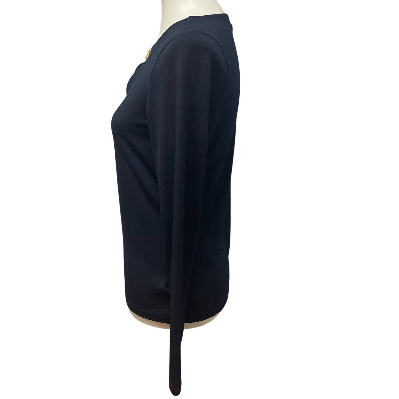 Michael Kors Small Navy Long Sleeve Keyhole Gold Charm Polyester V-Neck Blouse