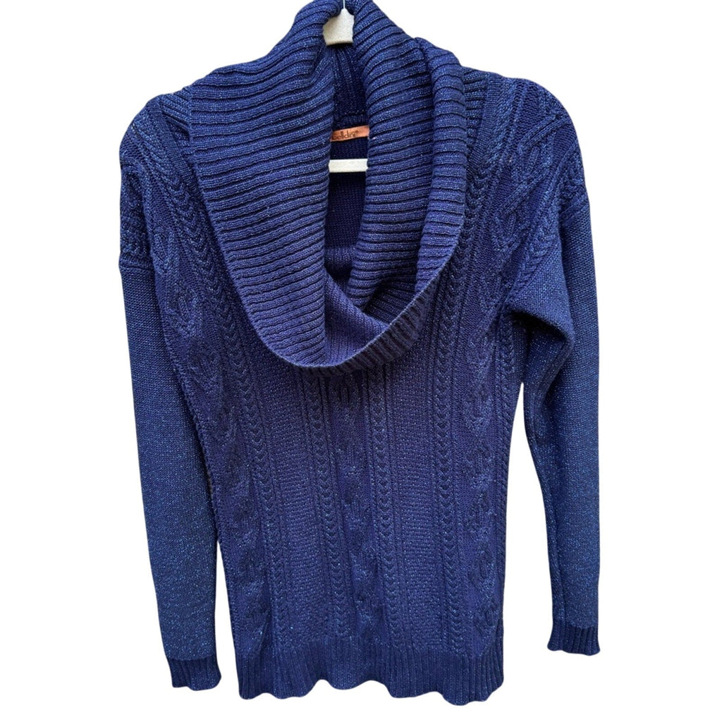 Belldini Womens Small Navy Blue Metalic Long Sleeve Cowl Neck Knit Sweater