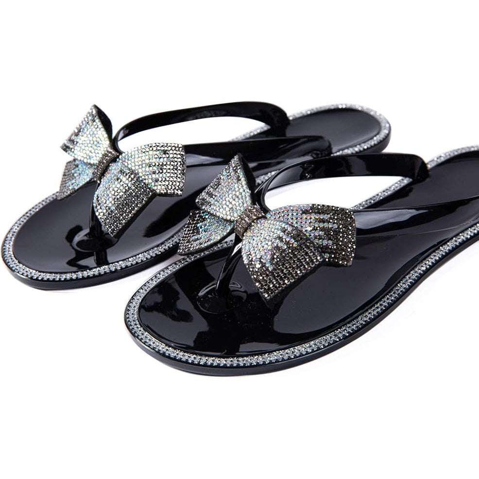 Mtzyoa Women Size 10 Black Rhinestone Flip Flops Open Round Toe Sandal Shoes