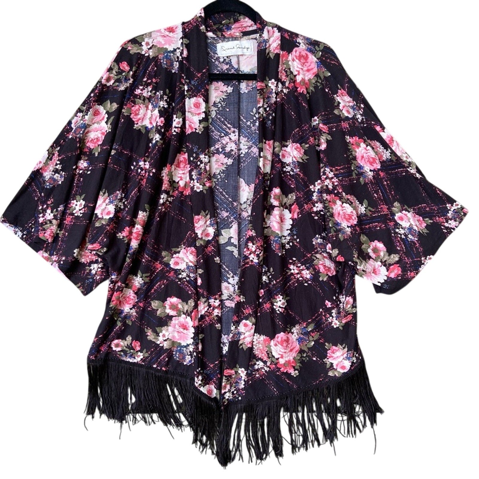 French Laundry Womens Medium Floral Fringe Short Sleeve Open Front Cardigan